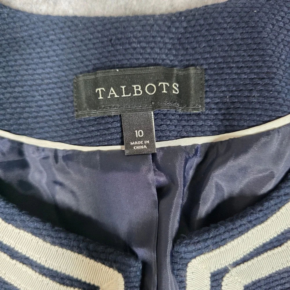 Talbots Jacket Blazer Navy Blue White Textured Cotton 10 Nautical Preppy Classic